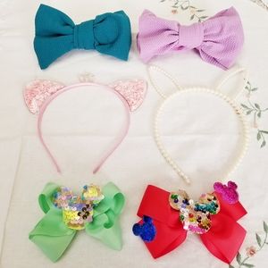 Kids Bows. 6 pieces. Minnie and stretch headbands. crow and pearl headbands